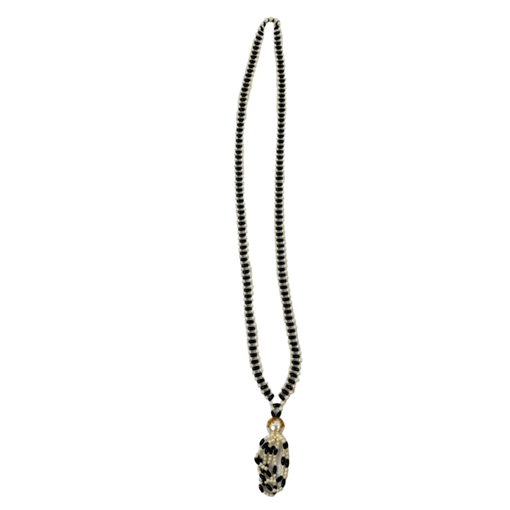 Long Layered Black And White Faux Pearl Beaded Necklace